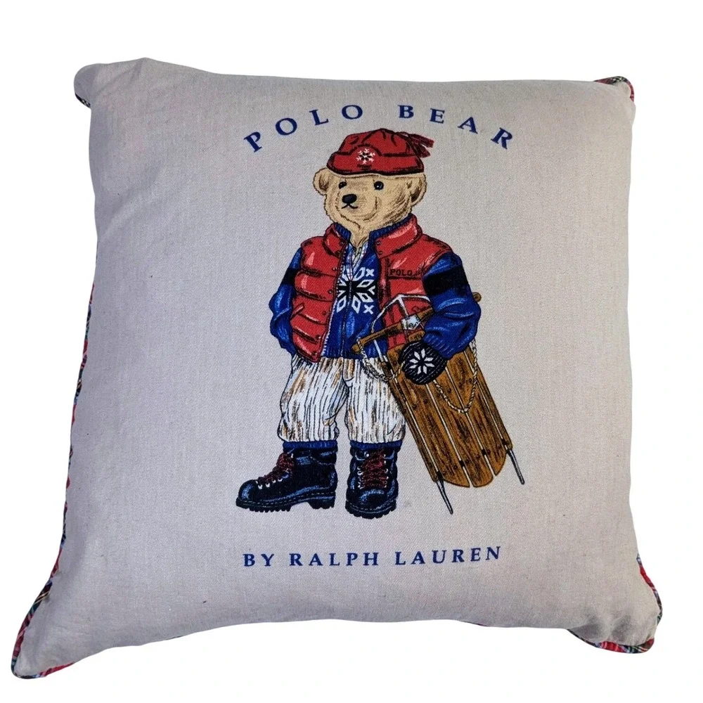 Vintage Polo Ralph Lauren Cotton Pillow – 18x18 Tan Blue Polo Bear Down READ‎